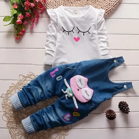 Ropa para niñas al por mayor: Camiseta de manga larga, pantalones de mezclilla, estilo casual, cómoda, diseño de dibujos animados, moda infantil para boutique