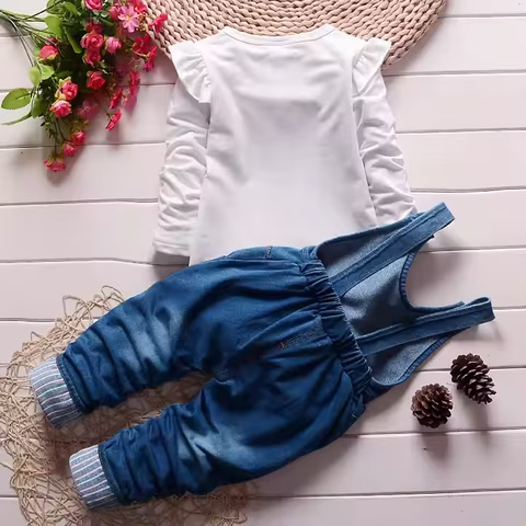 Ropa para niñas al por mayor: Camiseta de manga larga, pantalones de mezclilla, estilo casual, cómoda, diseño de dibujos animados, moda infantil para boutique