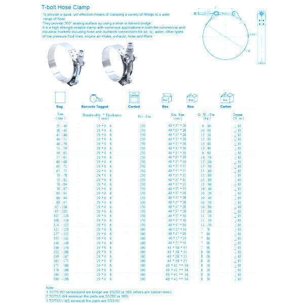 thumbnail image 2 of HCL Heavy Duty Exhaust T-Bolt Hose Clamps - W2 430 Stainless Steel (23mm To 252mm) 2 of 6