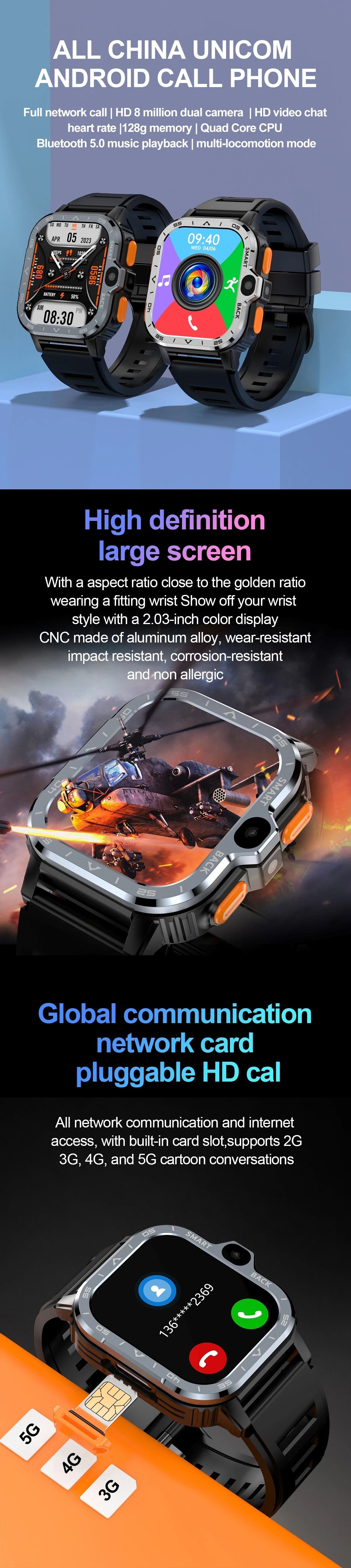 Pgd Watch 2023 4+64g Inch Core 4g Sim Card Dual Camera Gps