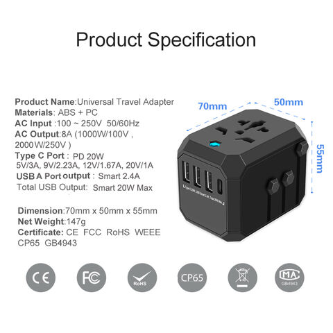 Adaptateur de Voyage UK vers EU Europe Multiprises 4 en 1 Universel avec 4 USB A Ultra-Rapides et Type C PD 20W