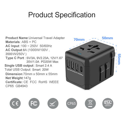 Adaptateur de Voyage Universel à Charge Rapide avec 4 USB Type C PD 20W, Adaptateur de Prise Intelligent Convertisseur de Prise de Voyage Mondiale 220V vers 110V
