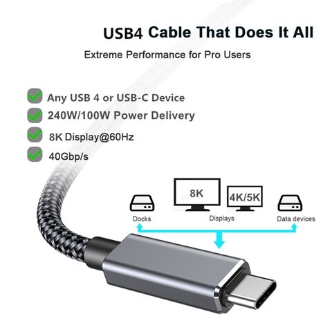 Cable USB4 de 40 Gbps con certificación USB-IF, soporta transferencia de datos de 40 Gbps, video 8K, carga rápida PD de 240W 5A
