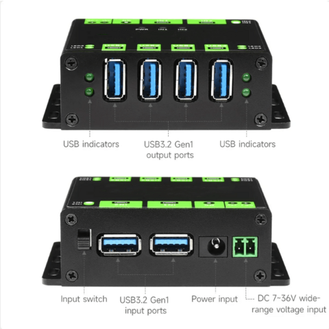 HUB USB de nível industrial, estendendo 4 portas USB 3.2, hosts duplos comutáveis, multi proteções