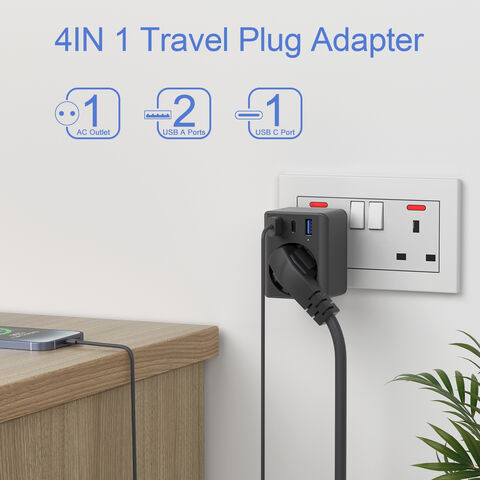 Europäischer Stecker-auf-UK-Adapter, Reisekonverter mit 3 USB-Ladegeräten (1 USB-C-Anschluss), 1 Steckdosen-Netzteil für Typ F auf Typ G
