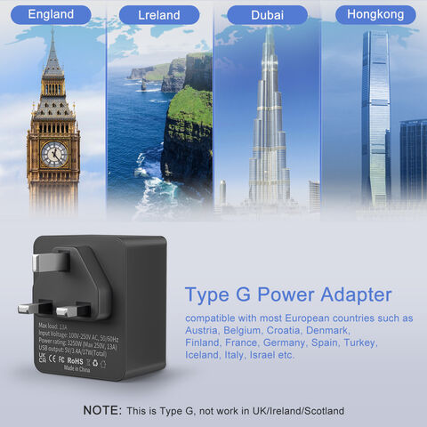 Europäischer Stecker-auf-UK-Adapter, Reisekonverter mit 3 USB-Ladegeräten (1 USB-C-Anschluss), 1 Steckdosen-Netzteil für Typ F auf Typ G
