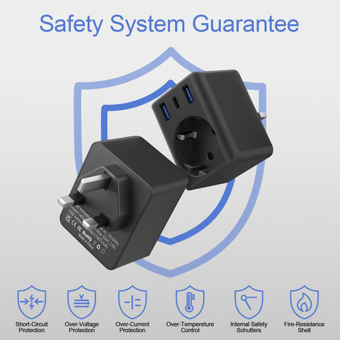 Europäischer Stecker-auf-UK-Adapter, Reisekonverter mit 3 USB-Ladegeräten (1 USB-C-Anschluss), 1 Steckdosen-Netzteil für Typ F auf Typ G