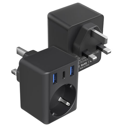 Europäischer Stecker-auf-UK-Adapter, Reisekonverter mit 3 USB-Ladegeräten (1 USB-C-Anschluss), 1 Steckdosen-Netzteil für Typ F auf Typ G