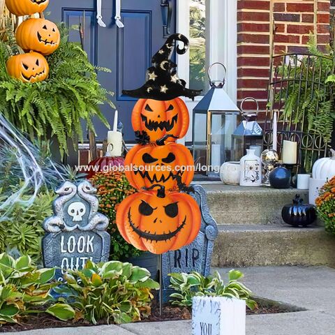 Piquets de Jardin d'Halloween, Citrouilles Métalliques Empilées, Décoration de Pelouse Jack-o'-Lantern avec Chapeau de Sorcier, Piquet de Citrouille Décoratif, Fournisseur OEM/ODM