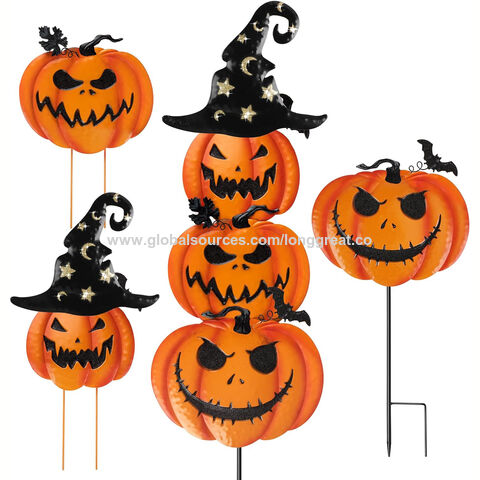 Piquets de Jardin d'Halloween, Citrouilles Métalliques Empilées, Décoration de Pelouse Jack-o'-Lantern avec Chapeau de Sorcier, Piquet de Citrouille Décoratif, Fournisseur OEM/ODM