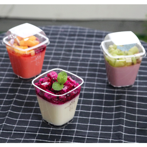 Grands gobelets carrés à mousse, gobelets à dessert en copeaux de bois, gobelets à fruits, gobelets à gâteaux, gobelets en plastique transparent jetables 250 ml