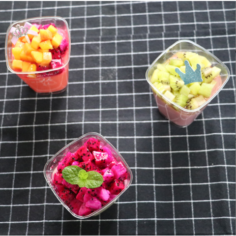 Grands gobelets carrés à mousse, gobelets à dessert en copeaux de bois, gobelets à fruits, gobelets à gâteaux, gobelets en plastique transparent jetables 250 ml