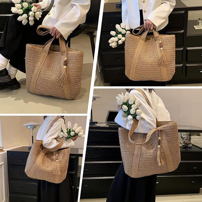 Large Straw Beach Bag For Women, Straw Tote Bag With Tassels, Woven ...