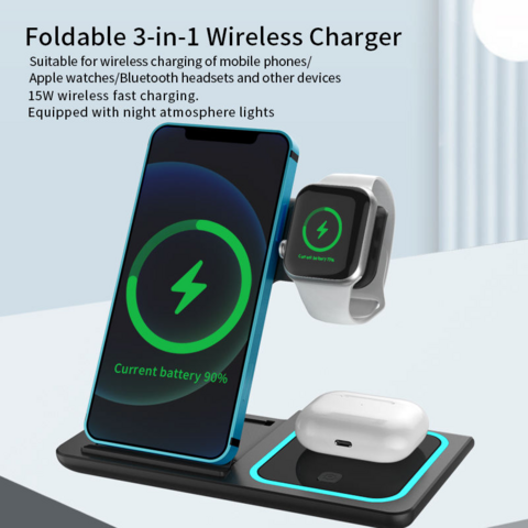 3-in-1 Kabellose Ladestation - Horizontales Laden mit Nachtlicht-Atmosphäre, faltbar und reisefreundlich für Smartphones