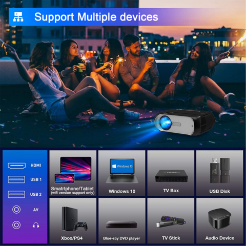 Proyector WiFi Full HD 720P con Decodificación 4K, Soporte ISO/Android, Proyector Inteligente para Cine en Casa con Conexión Cableada e Inalámbrica