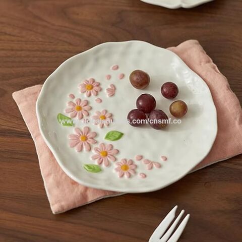 Platos de porcelana floral en relieve irregular hechos a mano para bocadillos, postres, ensaladas, aperitivos, platos de cerámica pintados a mano de 20 cm