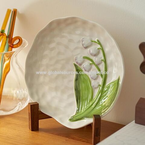 Platos de porcelana floral en relieve irregular hechos a mano para bocadillos, postres, ensaladas, aperitivos, platos de cerámica pintados a mano de 20 cm