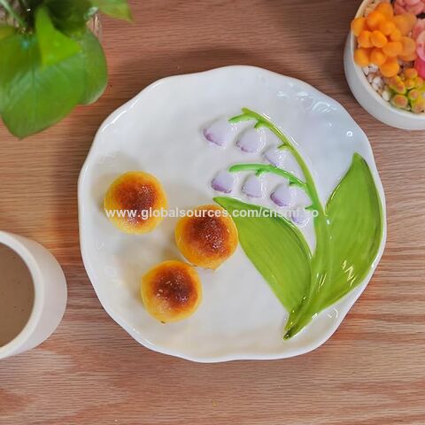 Platos de porcelana floral en relieve irregular hechos a mano para bocadillos, postres, ensaladas, aperitivos, platos de cerámica pintados a mano de 20 cm