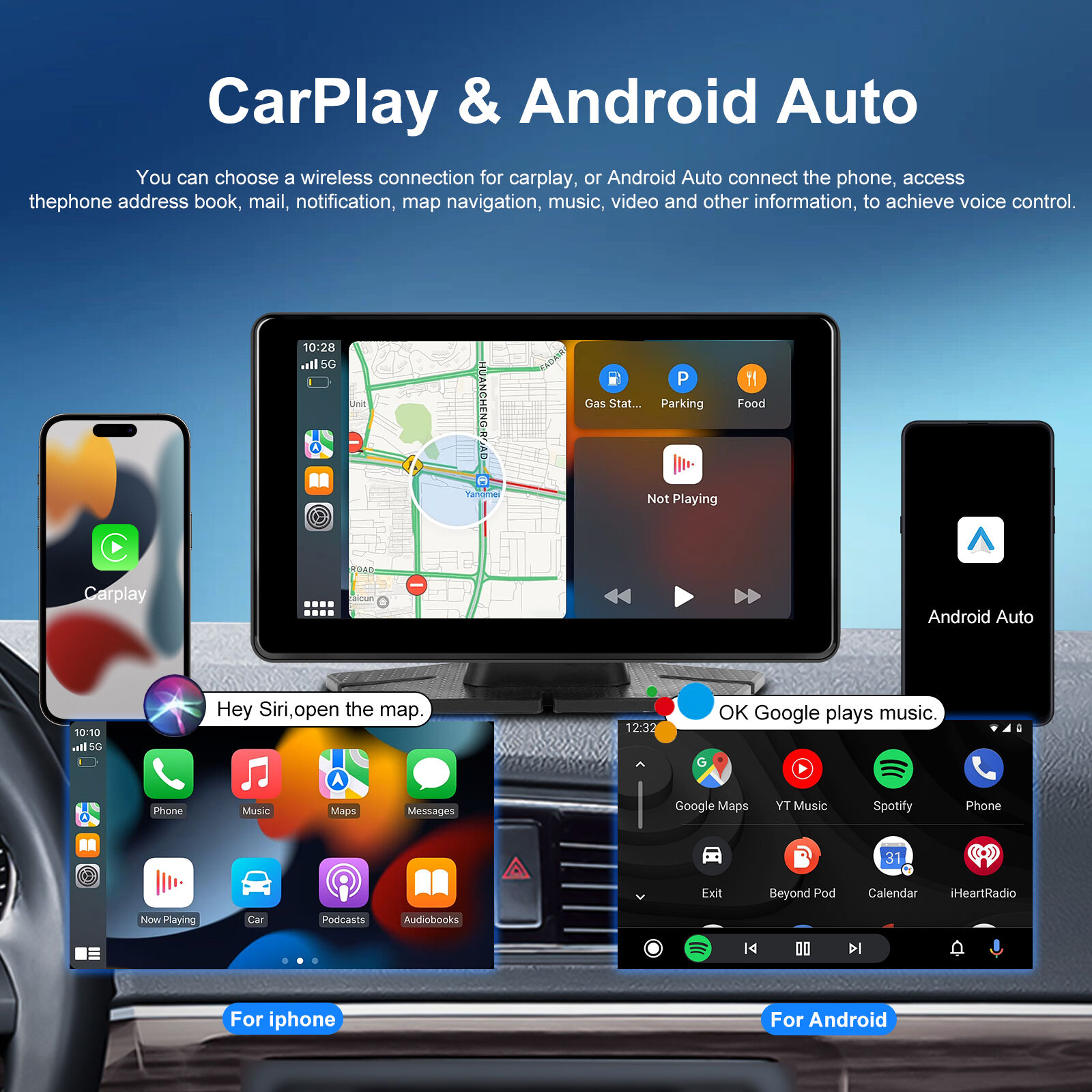 Podofo Portable Wireless Carplay Android Car Radio Pnd Inch Touch Screen Android Auto Gps Bt