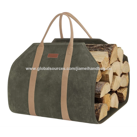 Angel Sar Dark Brown Waxed Canvas Firewood Carrier Bag - Large Log Tote for Indoor/Outdoor Use