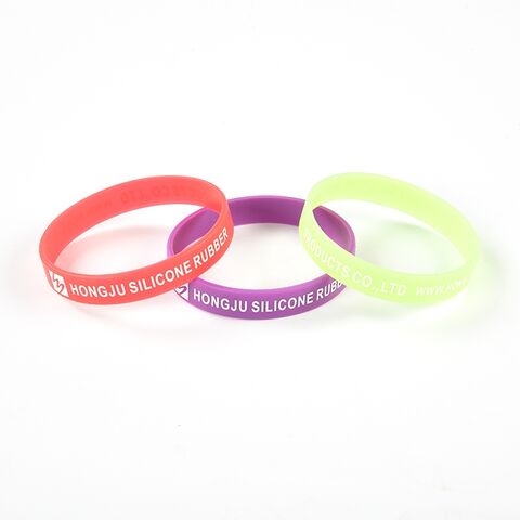 Bracelets en silicone imprimés en sérigraphie, en creux et en relief. Bracelets en silicone imprimés colorés.