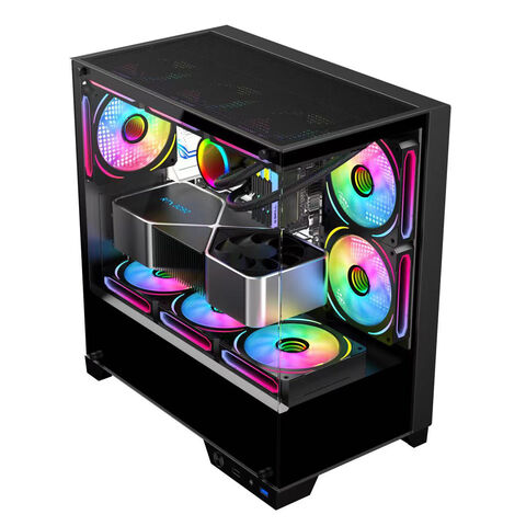 Caixa de jogos mid-tower LED para desktop, atacado, vidro personalizado para desktop, BTX, plexiglass com ventoinha, computador de escritório