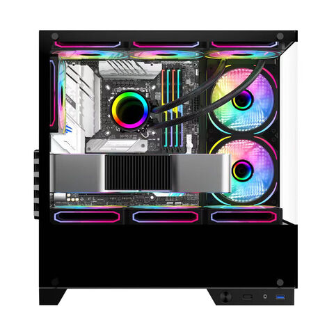 Caixa de jogos mid-tower LED para desktop, atacado, vidro personalizado para desktop, BTX, plexiglass com ventoinha, computador de escritório