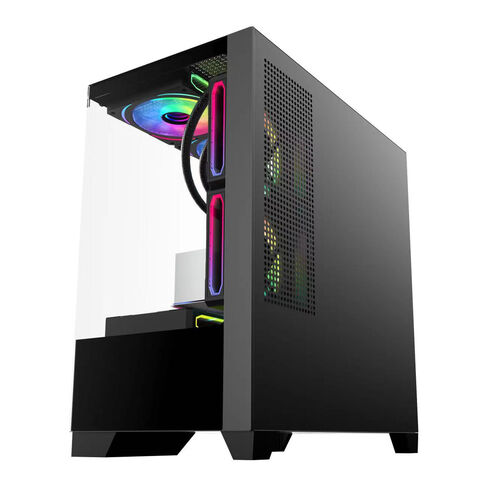 Caixa de jogos mid-tower LED para desktop, atacado, vidro personalizado para desktop, BTX, plexiglass com ventoinha, computador de escritório
