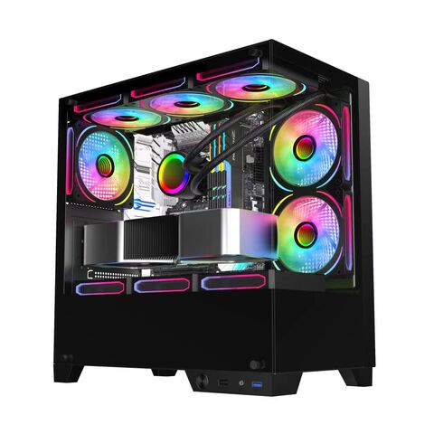 Caixa de jogos mid-tower LED para desktop, atacado, vidro personalizado para desktop, BTX, plexiglass com ventoinha, computador de escritório