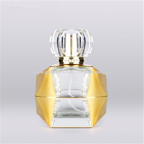 Frasco de Perfume de Vidrio Diamante con Tapa de Corona Dorada de 100 ml, Salida de Fábrica, Alta Calidad, con Bomba Pulverizadora