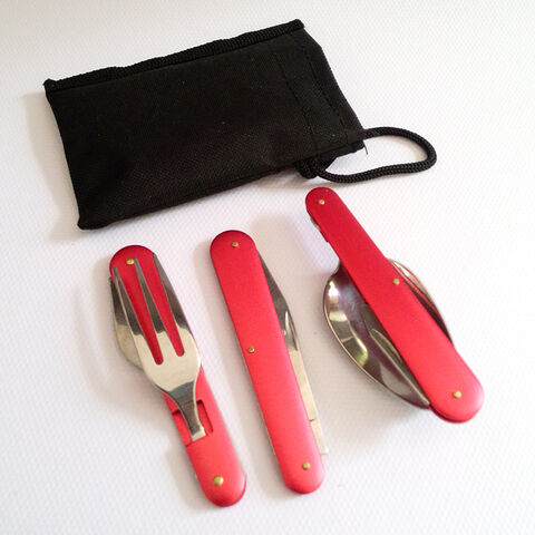 Camping Besteck Set Edelstahl Gabel Messer Löffel Flaschenöffner mit Aufbewahrungstasche