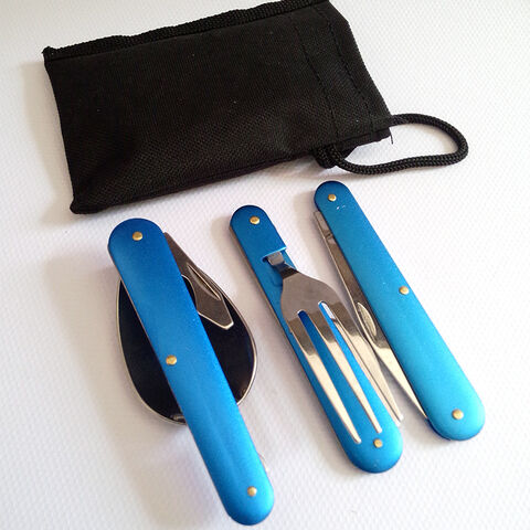 Camping Besteck Set Edelstahl Gabel Messer Löffel Flaschenöffner mit Aufbewahrungstasche