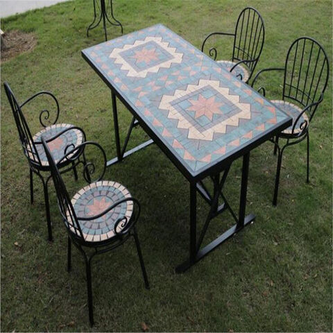 Mesa redonda de mosaico para pátio e cadeiras, móveis de jardim, conjunto de móveis de metal para exterior