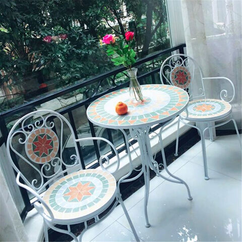Mesa redonda de mosaico para pátio e cadeiras, móveis de jardim, conjunto de móveis de metal para exterior