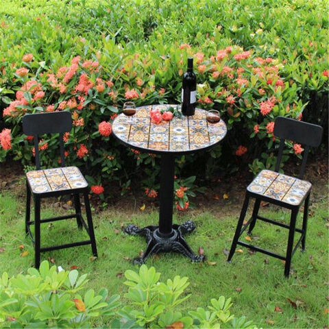 Mesa redonda de mosaico para pátio e cadeiras, móveis de jardim, conjunto de móveis de metal para exterior