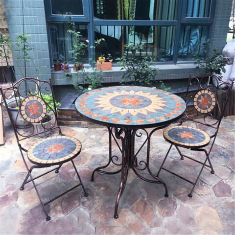 Mesa redonda de mosaico para pátio e cadeiras, móveis de jardim, conjunto de móveis de metal para exterior