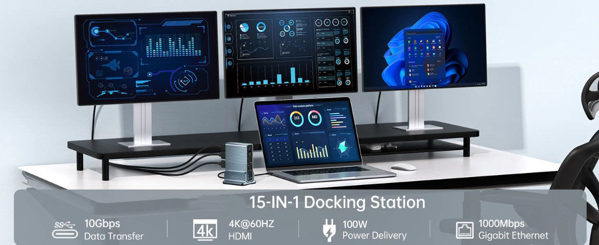 15-in-1 4k60hz Usb C Desktop Docking Station For Laptop & Pc Usb3.0 Hub ...
