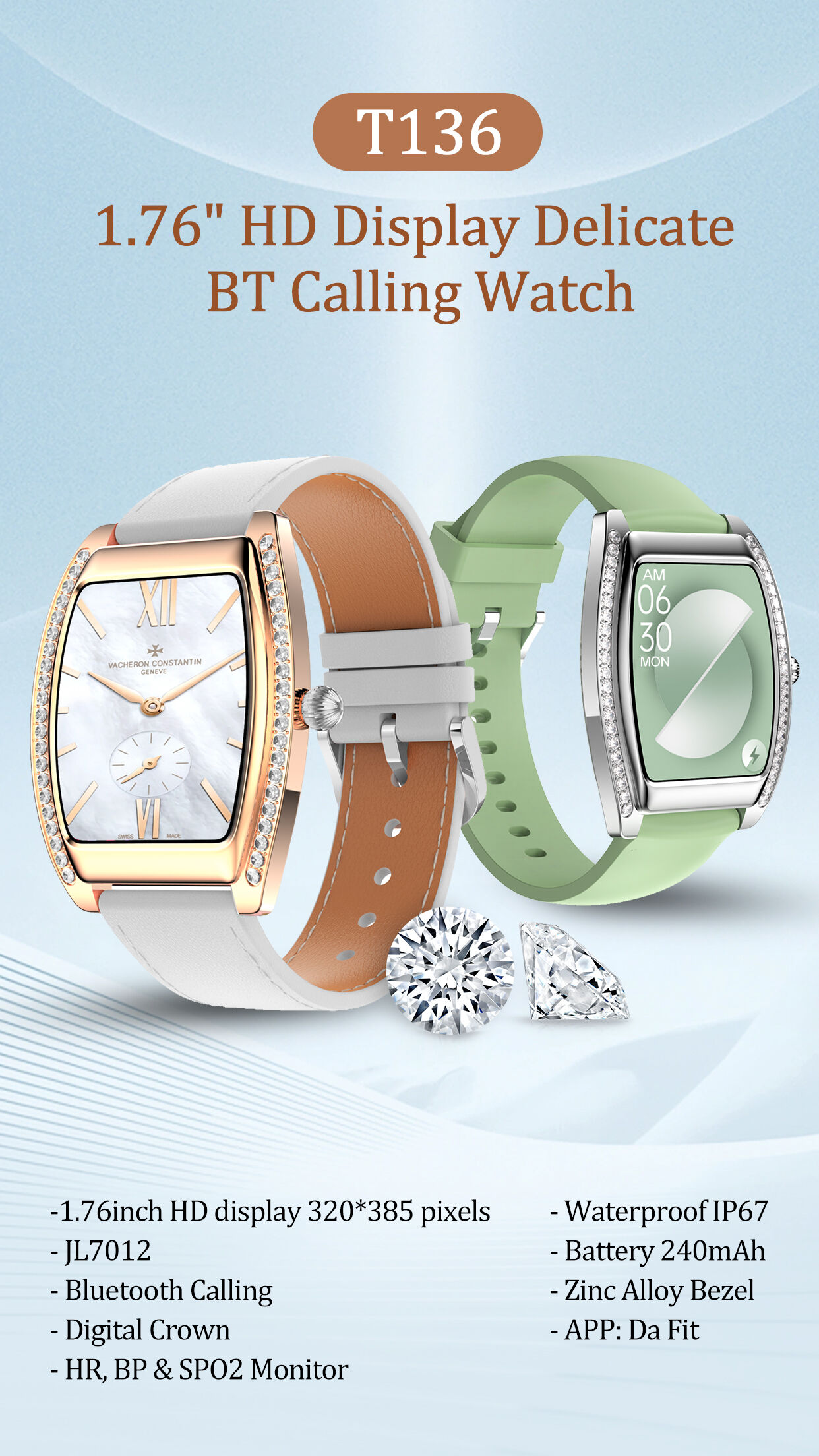 Smart Diamond Watch 1.76inch Lady Diamond Fashion Smart Watch With Bluetooth Calling Period ...