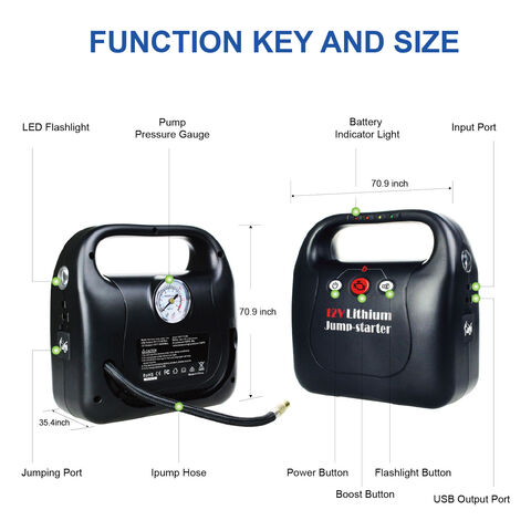 Arrancador de bateria com compressor de ar embutido, Powerbank portátil de 15600mAh com corrente de arranque de 400A
