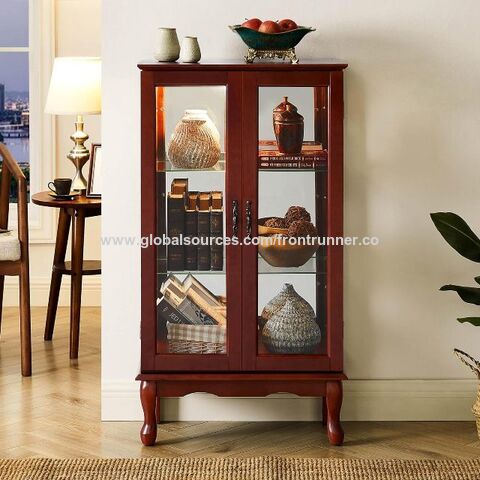 Vitrina de Curiosidades con Espejo y Puertas de Cristal, Vitrina de Exhibición Iluminada para Vajilla con Estantes Ajustables y Puerta de Cristal, Color Nogal