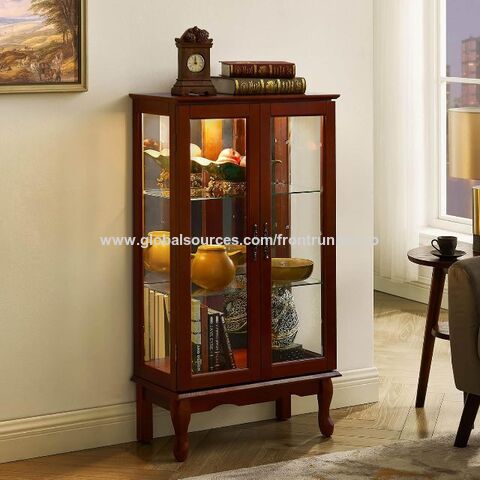 Vitrina de Curiosidades con Espejo y Puertas de Cristal, Vitrina de Exhibición Iluminada para Vajilla con Estantes Ajustables y Puerta de Cristal, Color Nogal