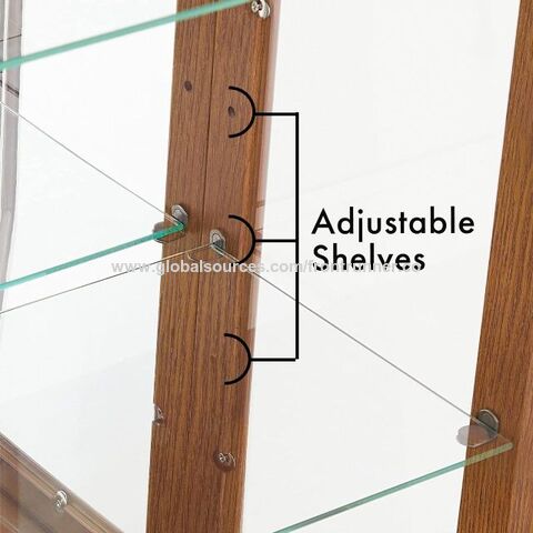 Vitrina de Curiosidades con Espejo y Puertas de Cristal, Vitrina de Exhibición Iluminada para Vajilla con Estantes Ajustables y Puerta de Cristal, Color Nogal