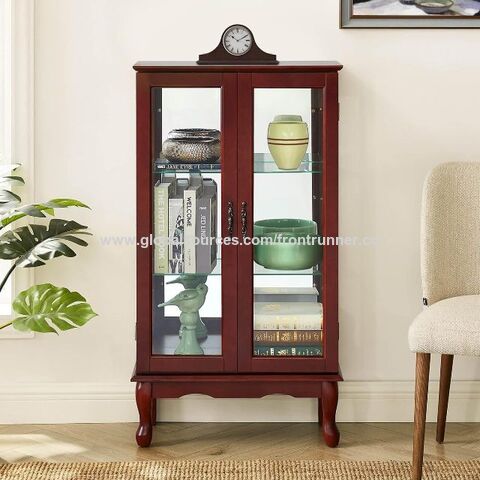 Vitrina de Curiosidades con Espejo y Puertas de Cristal, Vitrina de Exhibición Iluminada para Vajilla con Estantes Ajustables y Puerta de Cristal, Color Nogal