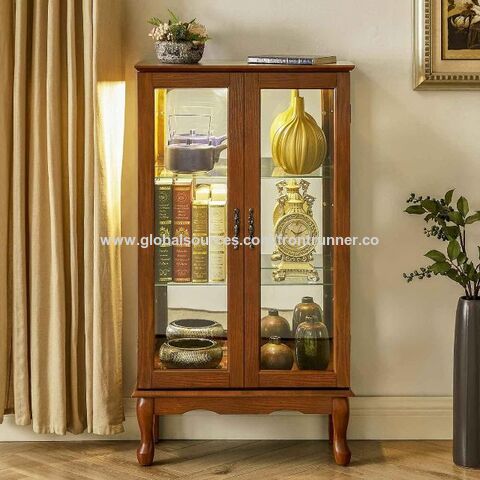 Vitrina de Curiosidades con Espejo y Puertas de Cristal, Vitrina de Exhibición Iluminada para Vajilla con Estantes Ajustables y Puerta de Cristal, Color Nogal