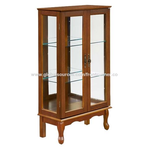 Vitrina de Curiosidades con Espejo y Puertas de Cristal, Vitrina de Exhibición Iluminada para Vajilla con Estantes Ajustables y Puerta de Cristal, Color Nogal