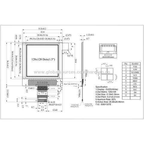 شاشة OLED مربعة مقاس 1.5 بوصة بدقة 128 × 128 ونسبة تباين عالية وواجهة SPI للأنظمة المدمجة. مثالية للتطبيقات الصناعية والتجارية.