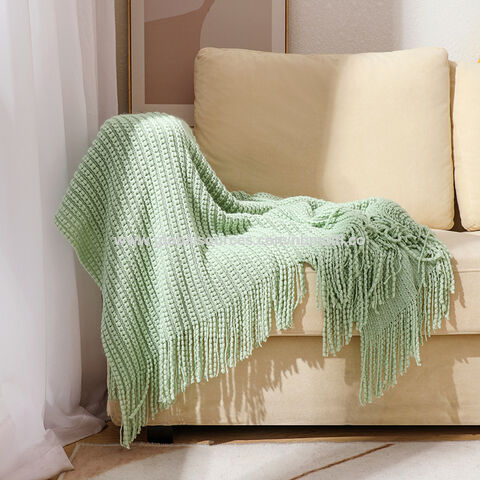 Couverture moderne tricotée à pompons, couleur unie, pour décoration de maison, canapé, fauteuil ou lit, fabriquée en Chine