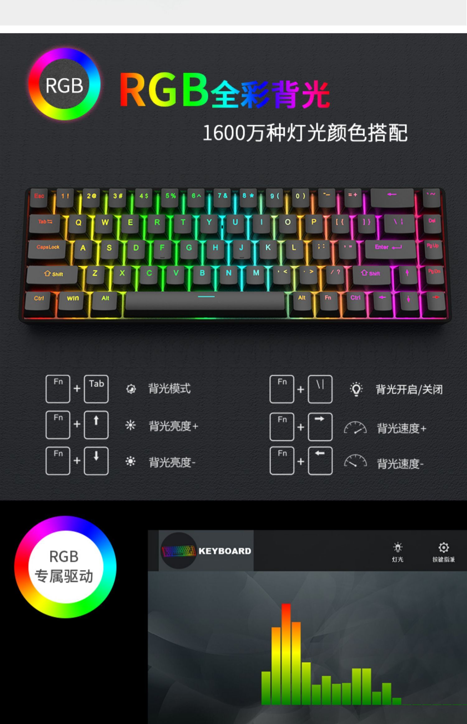 68key Keyboard 68 Keys Custom Keycap Blue Red Switch Rgb Backlit Full ...