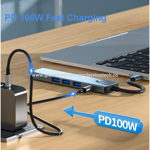 Adaptador 5 en 1 para PC de 100W con pantalla, botón, 3 USB 3.0, PD tipo C, USB-C para teléfono y portátil, estación de acoplamiento USB C Hub