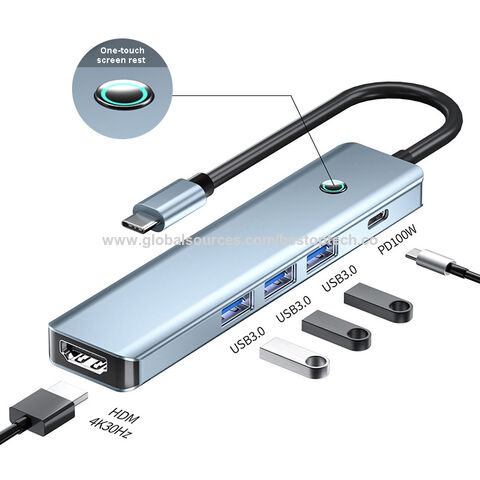Adaptador 5 en 1 para PC de 100W con pantalla, botón, 3 USB 3.0, PD tipo C, USB-C para teléfono y portátil, estación de acoplamiento USB C Hub